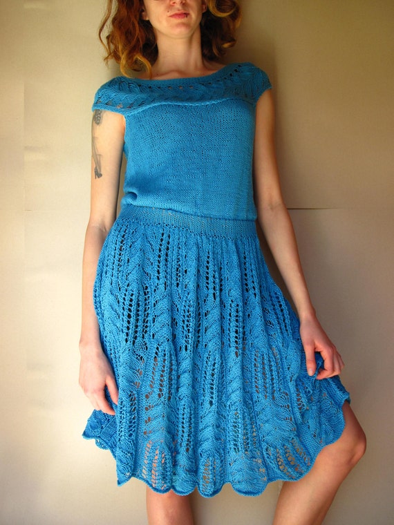 Hand Knitted Woman Lace Summer Cotton Dress Blue by Strojownia