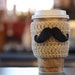 Crochet Coffee Cozy Silly Stache Sleeve Reusable in Buttercream