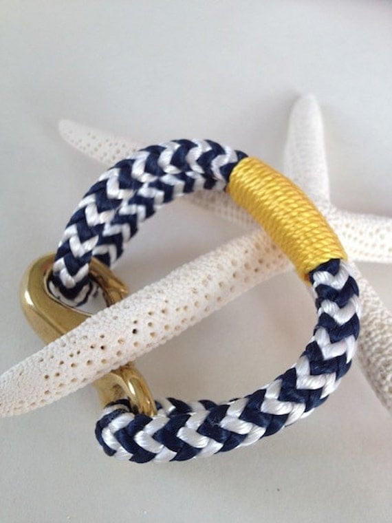Navy & White Nautical Rope Bracelet with Gold Wrap and a