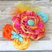 Colorful Fabric Floral Headband, Hair Accessory, Clip, Brooch, in Turquoise, Pink, Yellow, and Orange