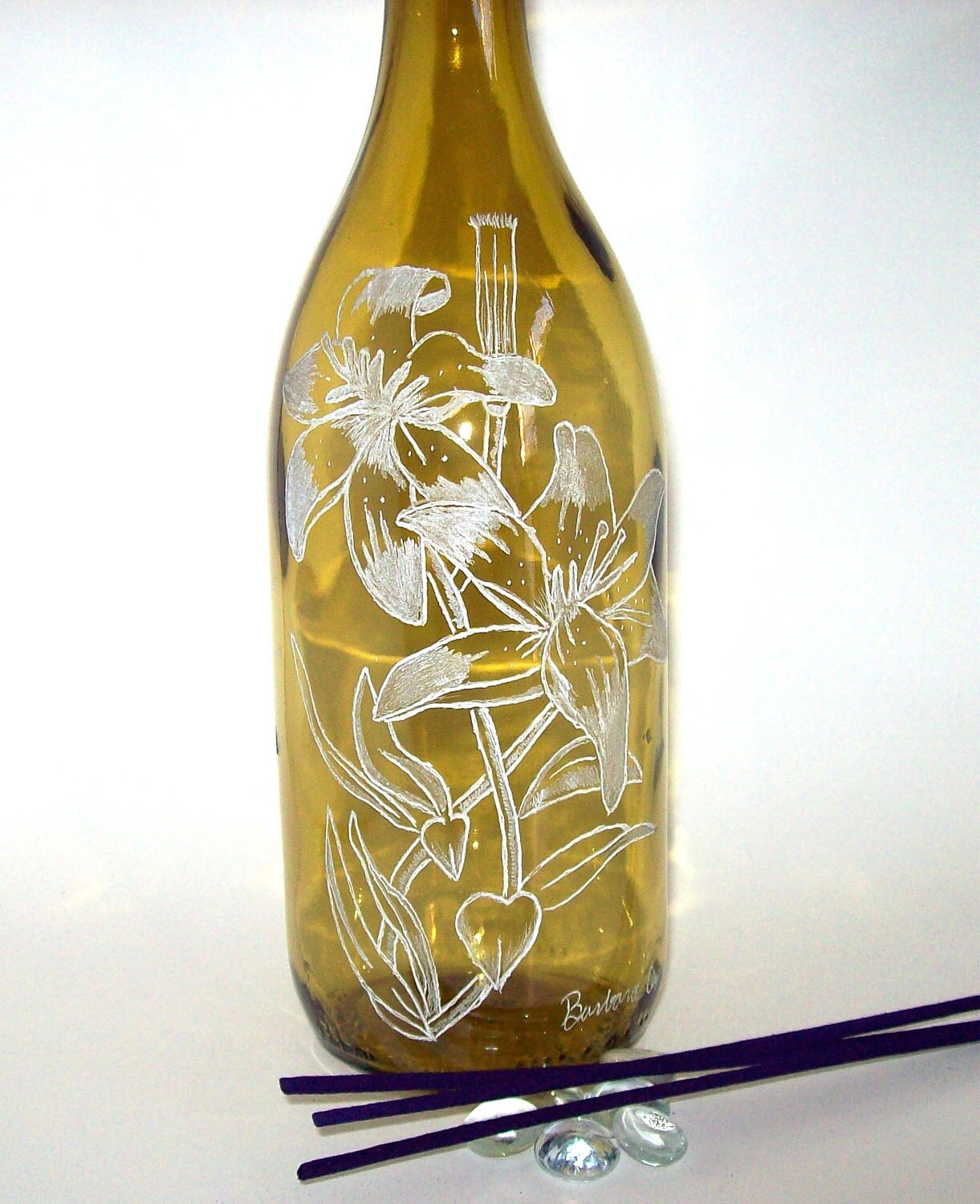 Glass bottle Incense burner Exotic Flowers Hand Etched