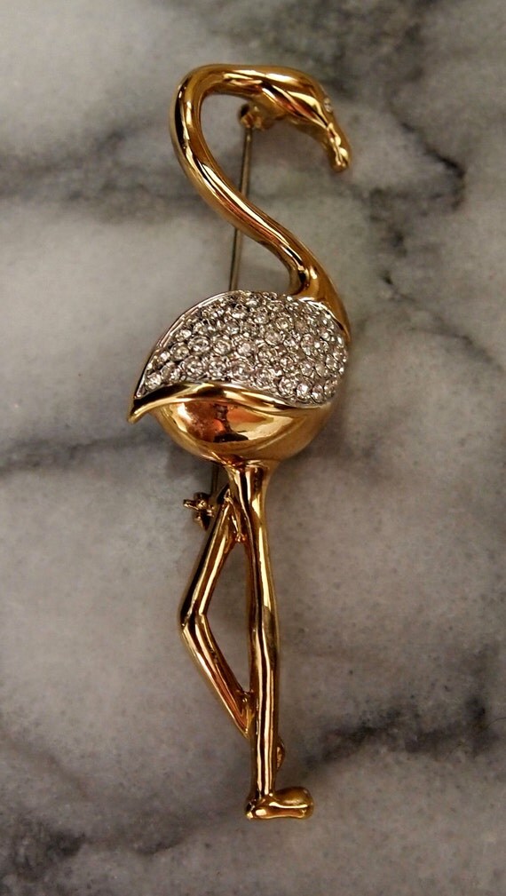 Gold Flamingo Pin Brooch Jewelry Signed AFJ
