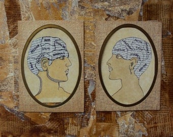 Phrenology Head Couple - Mixed Media Newsprint Collage - Distressed Rustic Decor - Vintage Style Wall Art - Newspaper Portraiture
