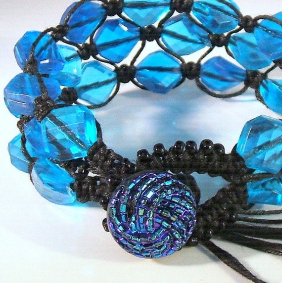 Micro macrame bracelet with bright blue vintage lucite beads