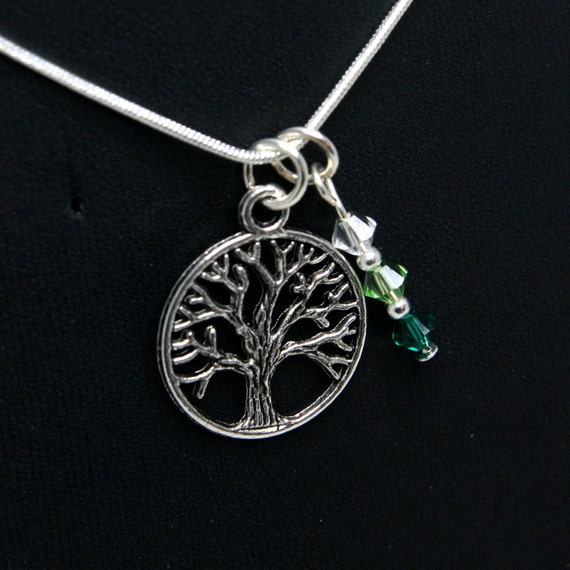 Tree of Life Necklace - green and clear Swarovski crystals, tibetan silver