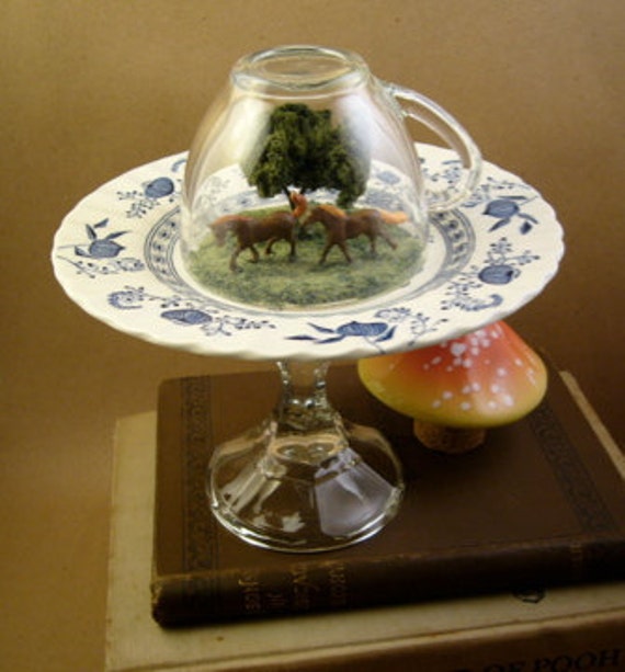 Whimsical Teacup Diorama with Miniature Horses running and