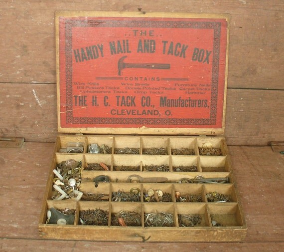 antique industrial nail & tack hardware store display box with