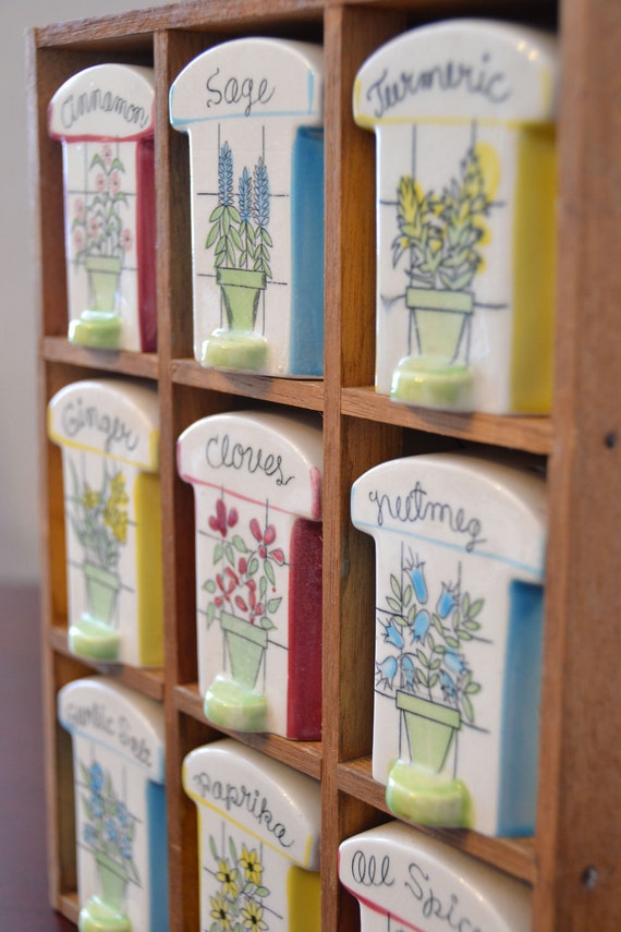 Vintage Ceramic Spice Rack 9 Jars by ShaReneeDesigns on Etsy