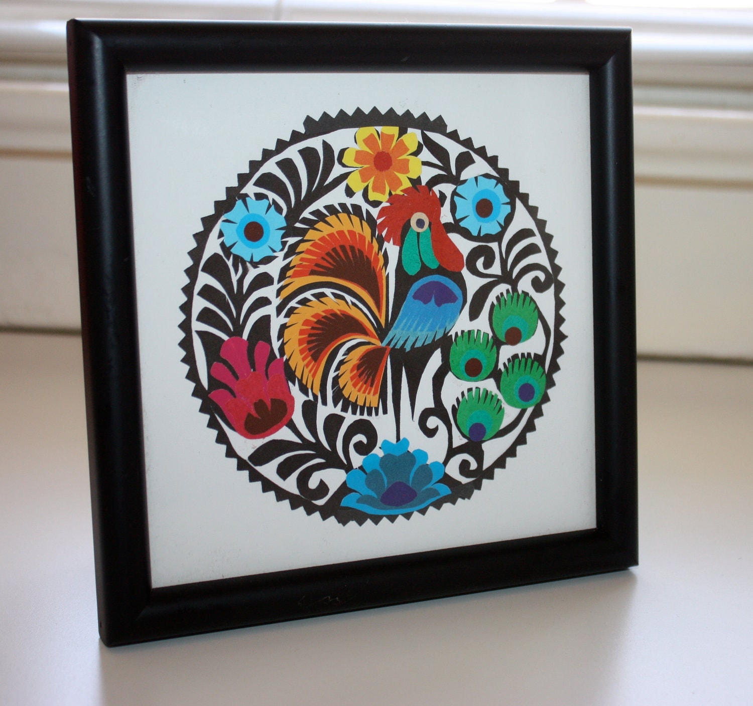 Vintage Wycinanki Polish Folk Art paper cut-out Rooster and