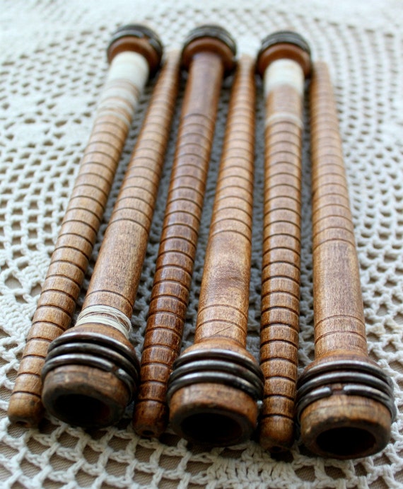 6 Antique Wooden Quill Textile Bobbins