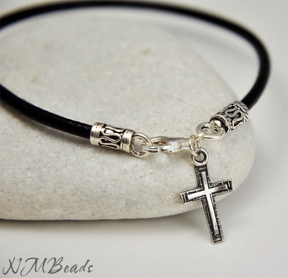 Black Leather Men's Bracelet With Cross Charm by NMBeadsJewelry