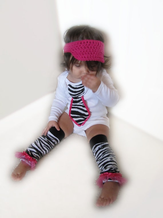Baby girl zebra print tie onesie leg warmer and crochet visor