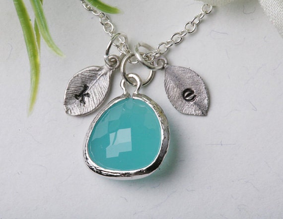 Items similar to Two leaf initials necklace,stone in bezel,Monogram ...