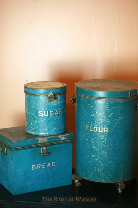 Vintage Flour Sugar and Bread bins tin metal canisters made