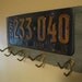 Vintage coat rack made with a real vintage license plate-barnwood- and vintage brass hooks- NEW YORK