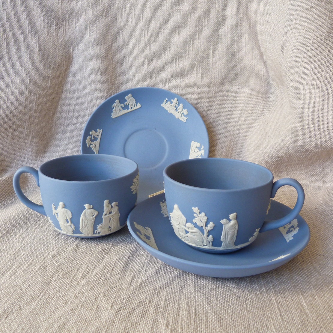 Wedgwood Tea Cups and Saucers Set of 2 Roman Motif Blue
