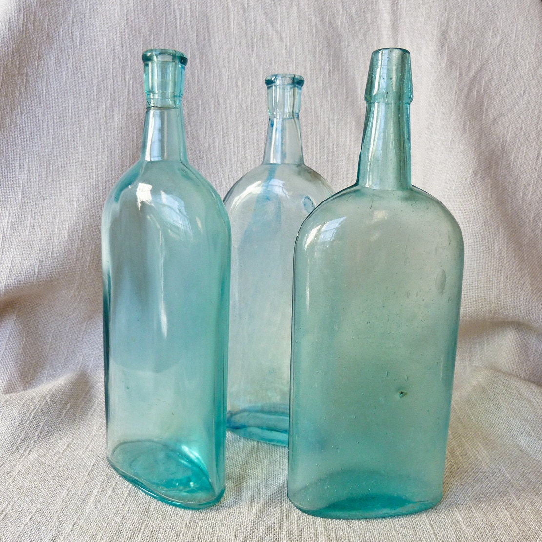 Antique Glass Bottles Lot of 3 Vintage Aqua Flask Bottles