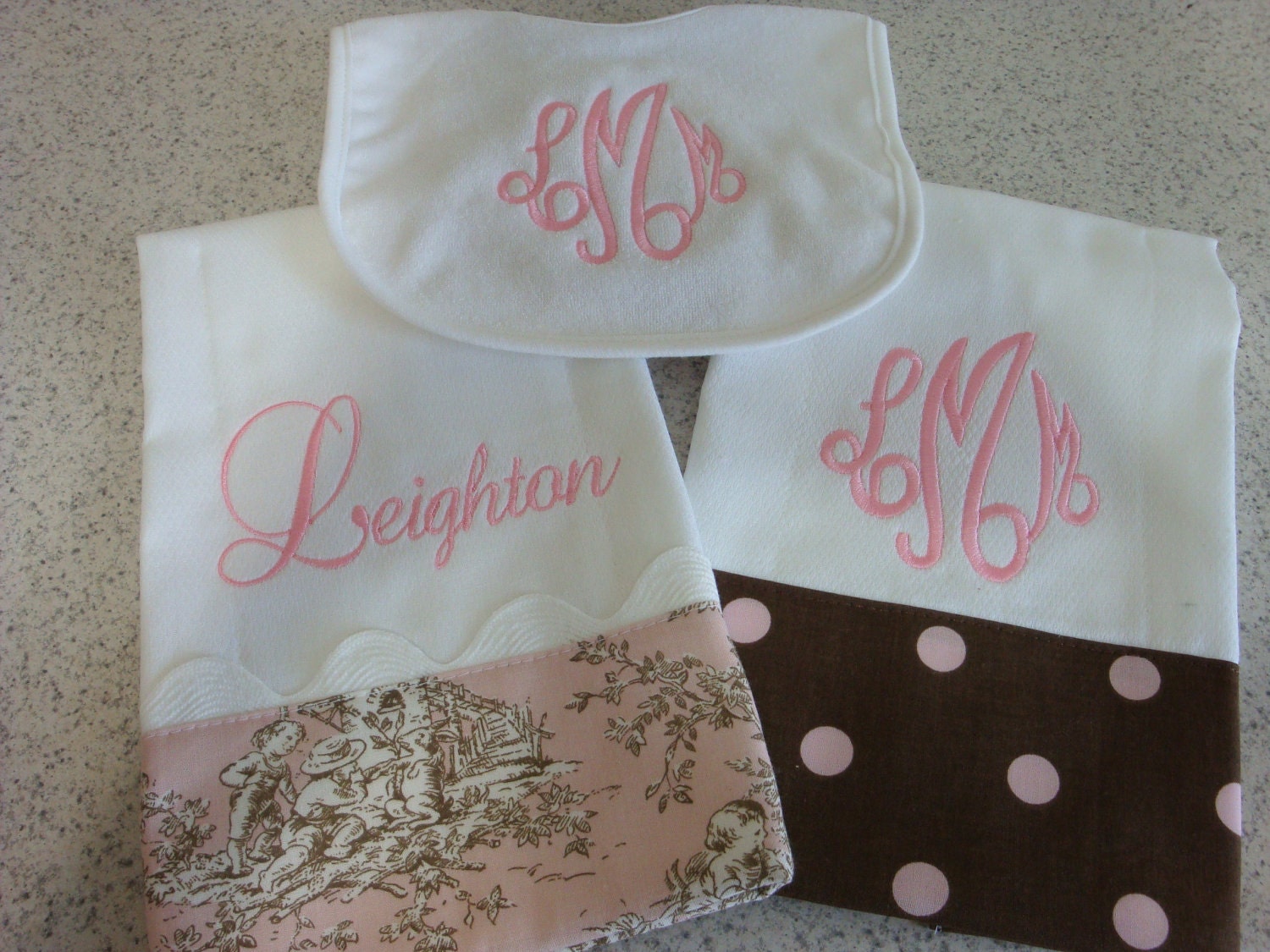 Pink Dotted Burp Cloths with Matching Bib Monogrammed FREE