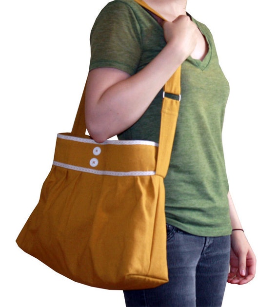 Adjustable Strap Tote Bag with Lace and Buttons in Mustard