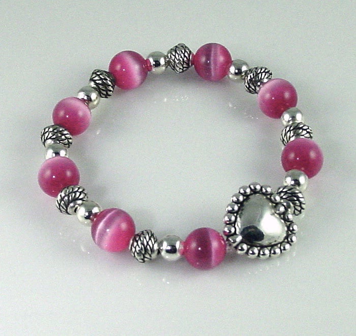 Pink Cats Eye Stretch Bracelet with Silver Heart by BigBeadJewelry