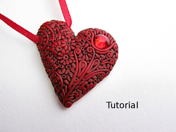 Polymer clay Tutorial. Red heart filigree pendant. by