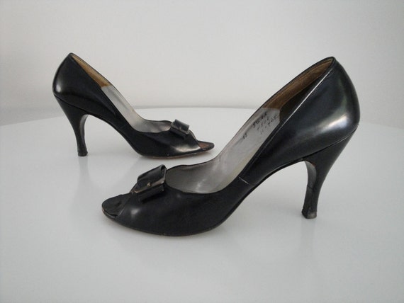 Vintage 1950s Black Shoes Sexy Secretary 50s Open Toe Stiletto