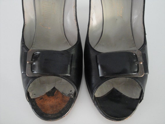 Vintage 1950s Black Shoes Sexy Secretary 50s Open Toe Stiletto