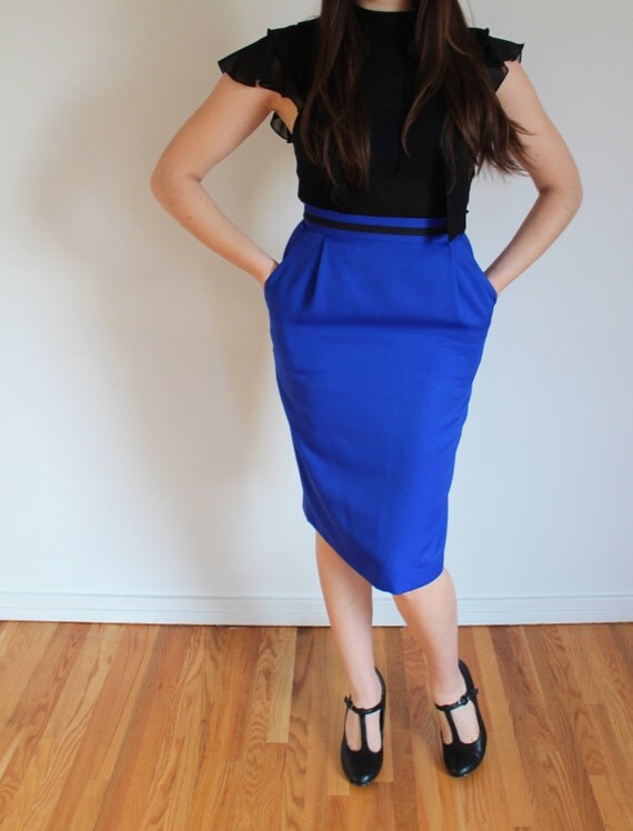 Vintage HighWaisted Royal Blue Pencil Skirt With Pockets SM