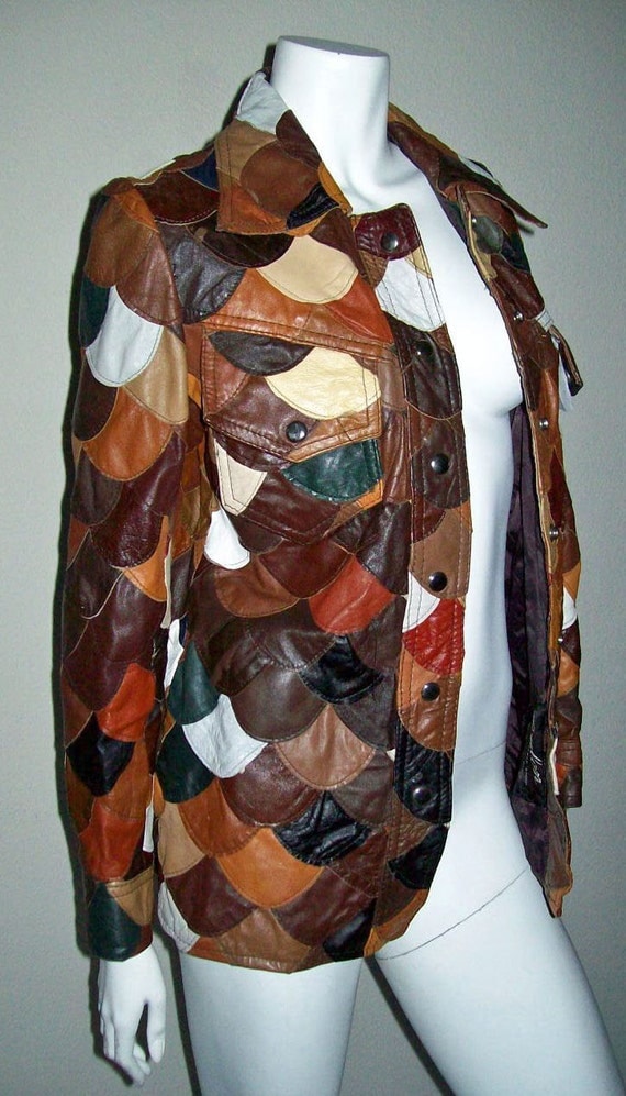 Vintage VTG Leather Patchwork Coat Jacket Brown Beige Red