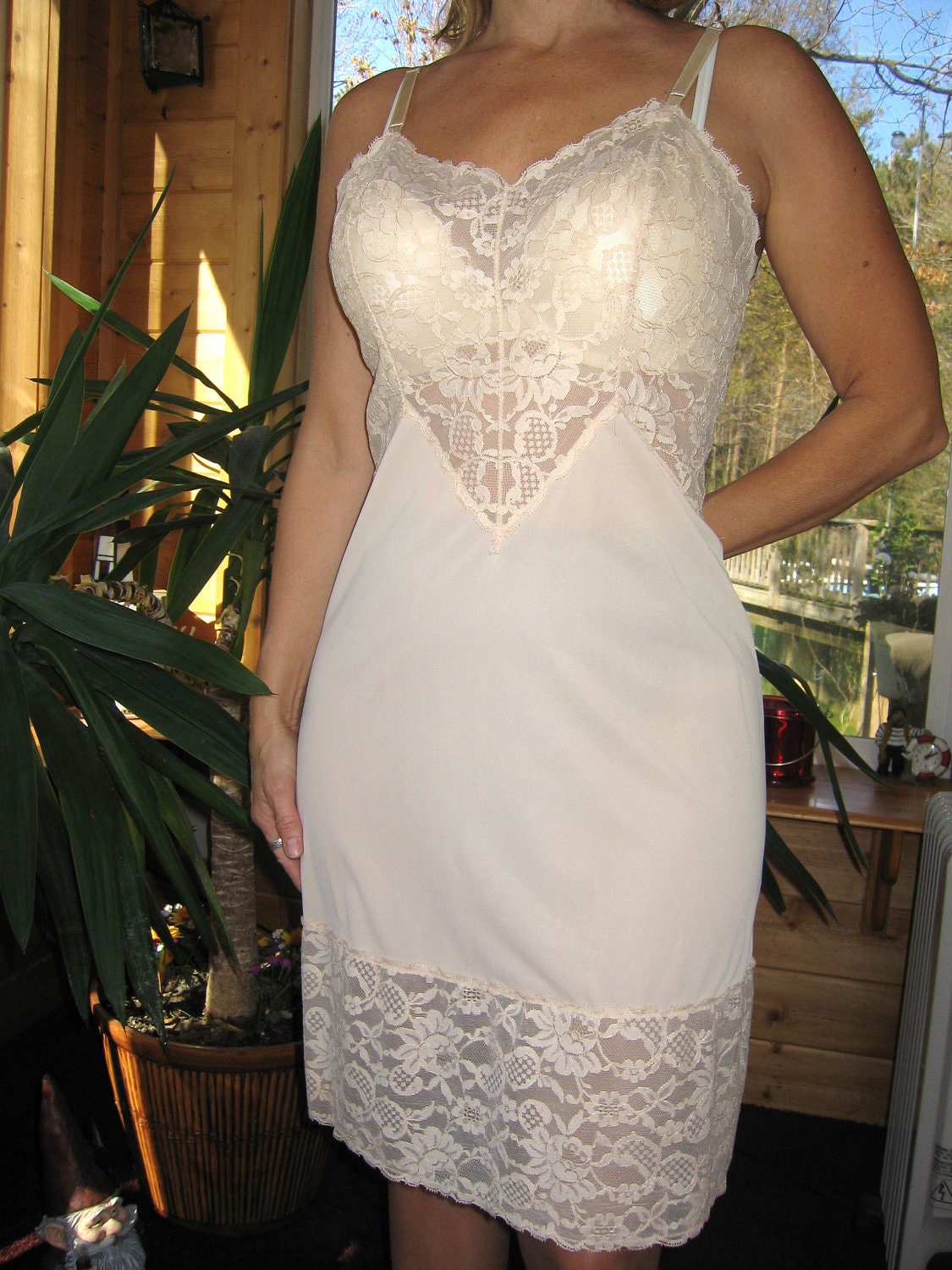 Vintage lingerie vintage full slip beige in color by Vanity