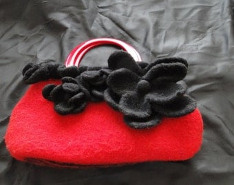 Handknit, Felted, Gorgeous Red Bag with Black Flowers