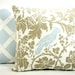 Bird and Floral Decorator Pillow Cover - Taupe Brown, Powder Blue and White - To cover 20"x20" Pillow Form