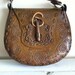 Vintage Brown leather floral pattern hand tooled purse with a unique wooden latch by MellaFina