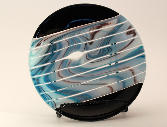 Black Blue And White Fused Glass Plate By Scarletridgeglass