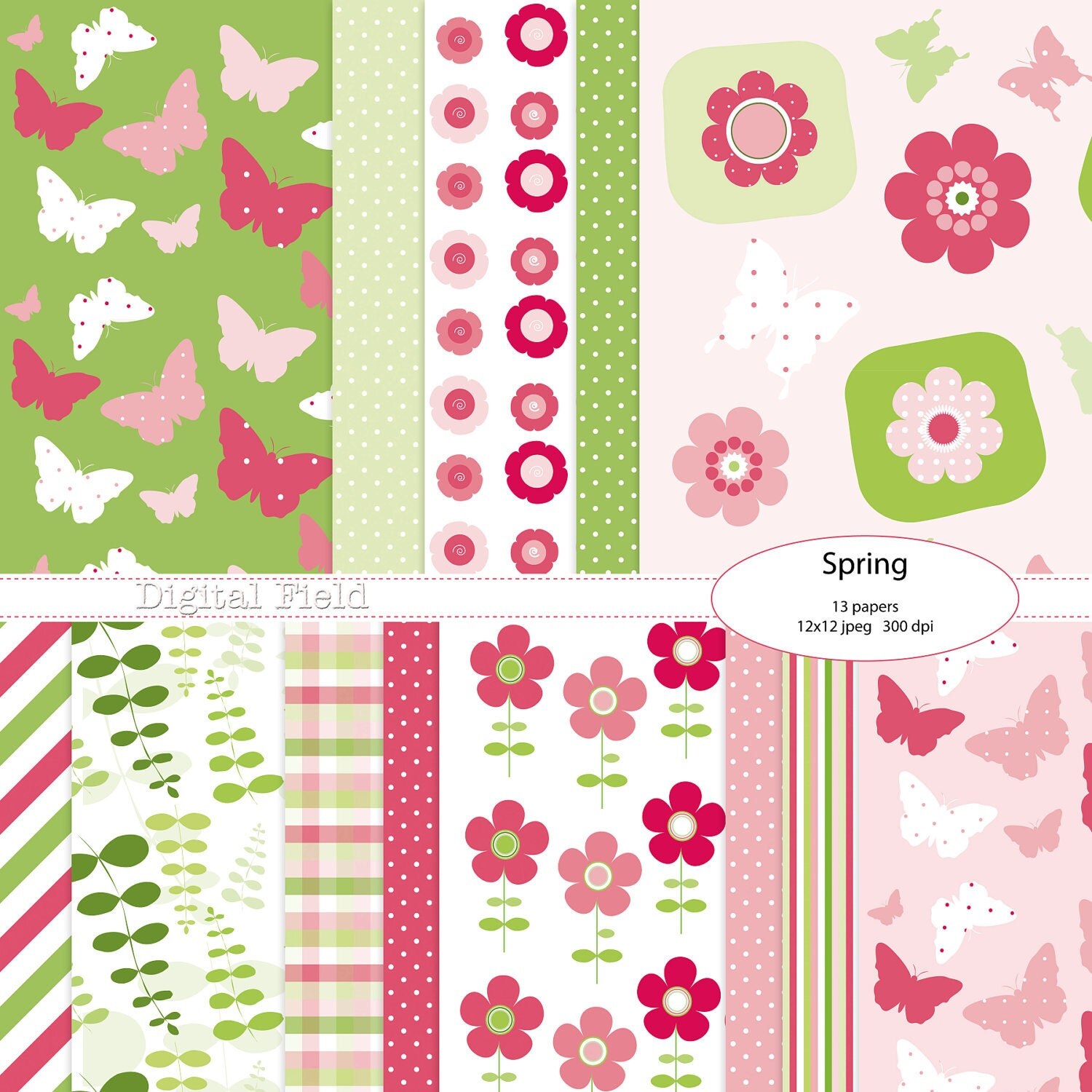 Spring digital scrapbooking paper pack pink green flowers