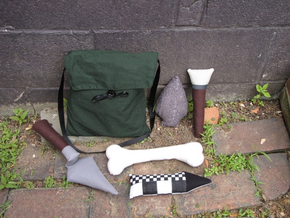 Plush Archaeology Tool Kit With a Green Bag