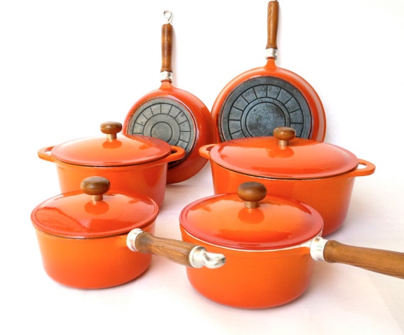 Vintage Enamel Cast Iron Cookware 10 Piece Set In Orange   Il 570xN.342118042 