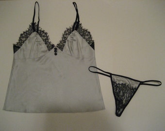 LIMITED STOCK Gorgeous Silver Satin & Lace Camisole Cami and Matching G String /Thong Panty