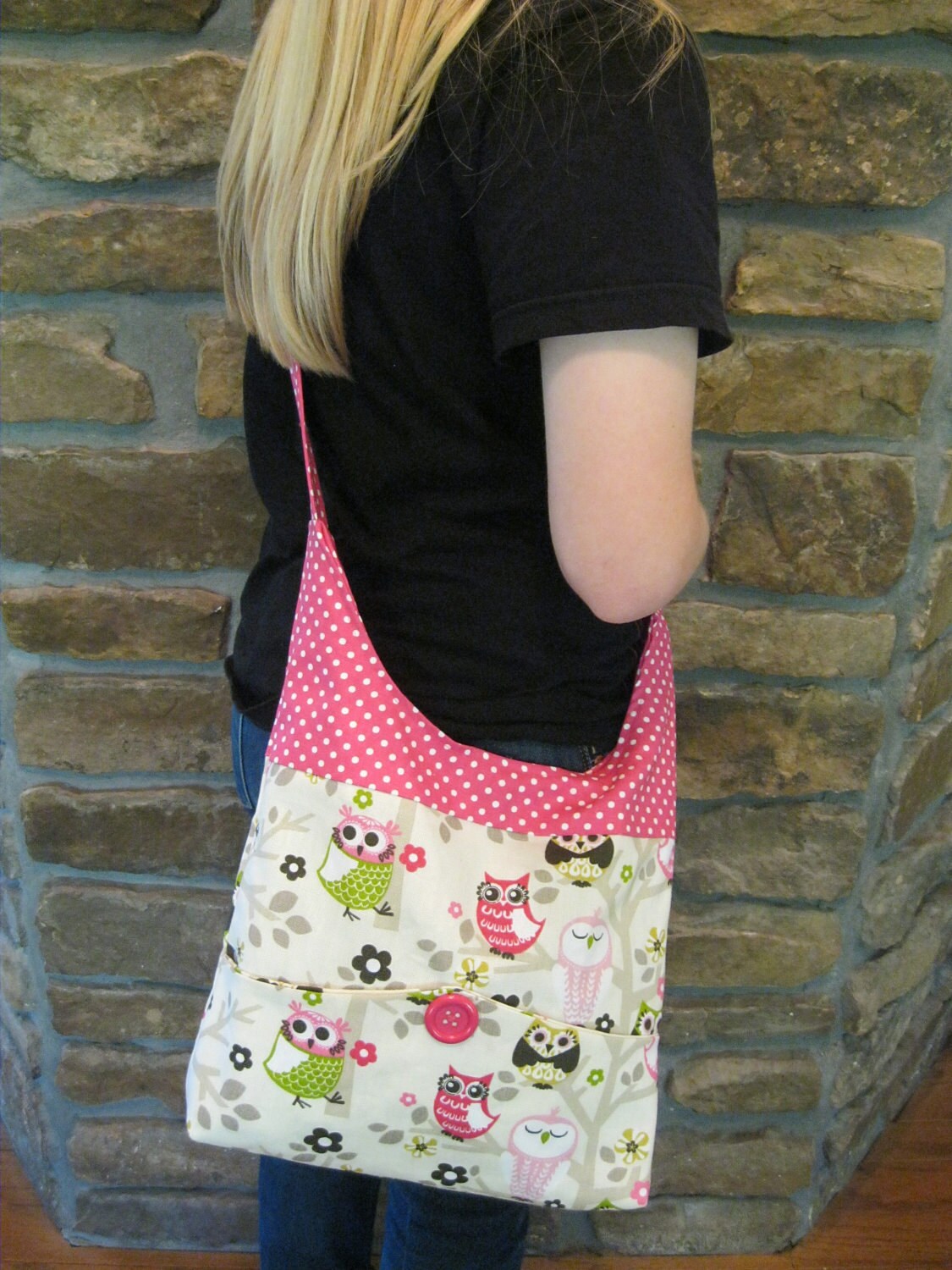 Handmade Fabric Bags Purses Shoulder bag Owl and Pink