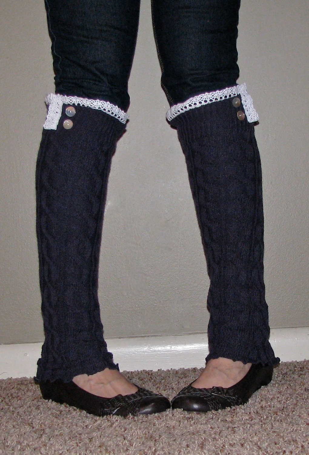 Lace and Button Leg Warmers / Boot Socks In Slate Blue.