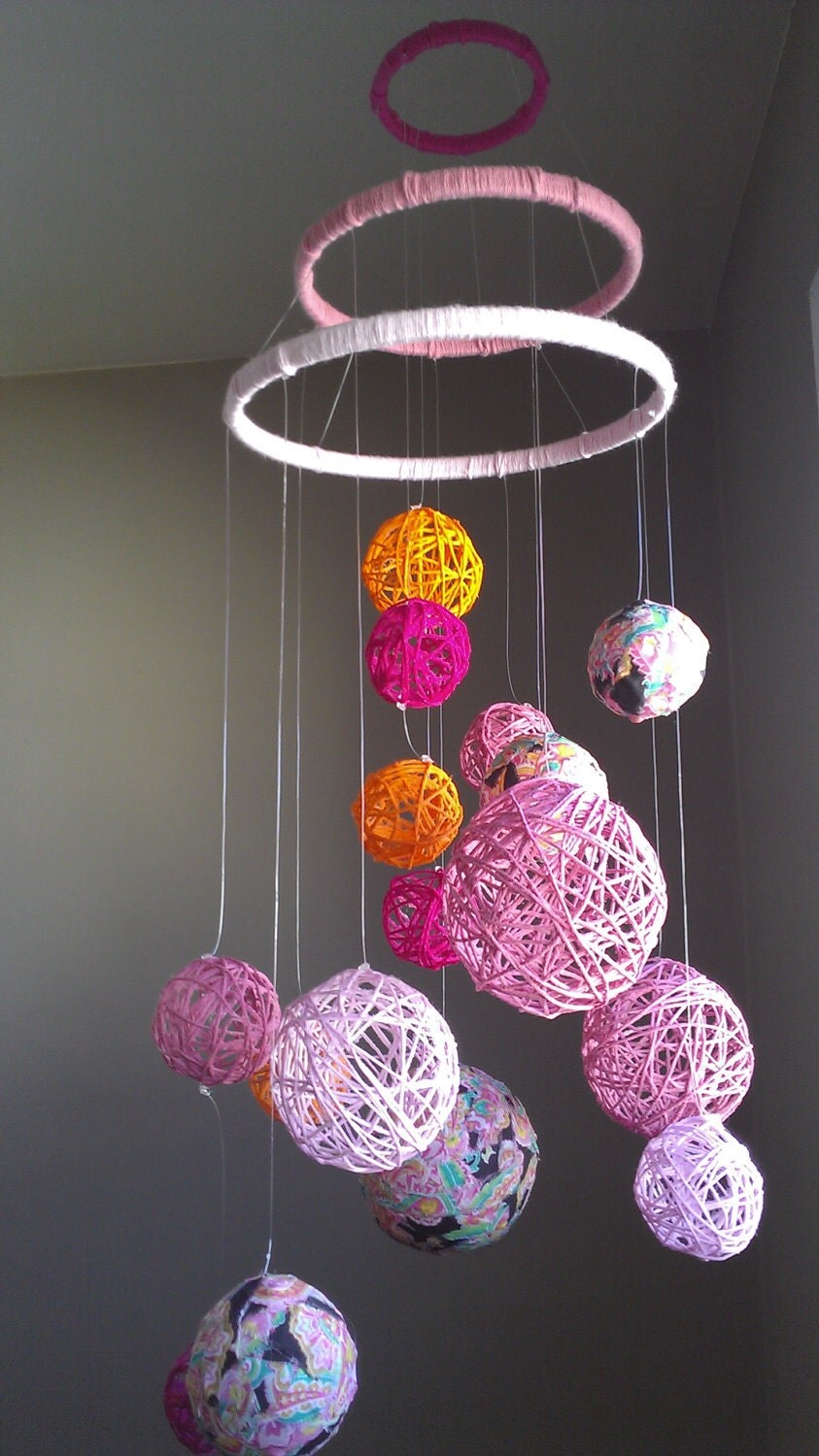 Pink Yarn & Fabric Ball Baby Mobile