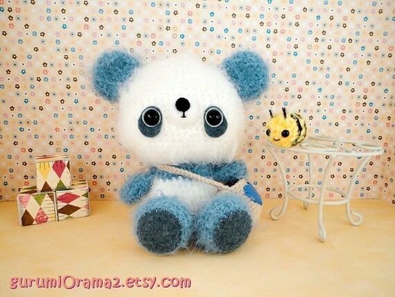 kawaii amigurumi Panda fuzzy blue and mini Bee by gurumiorama2