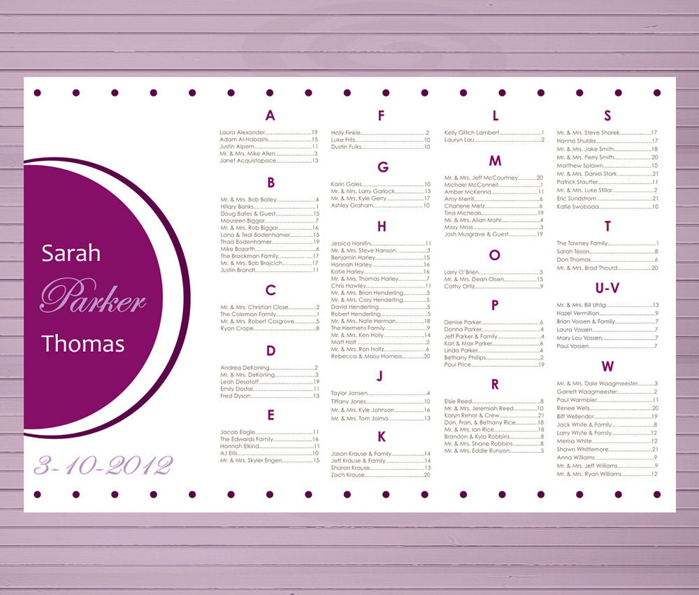 DIY Seating chart. Modern design alphabetical order or table