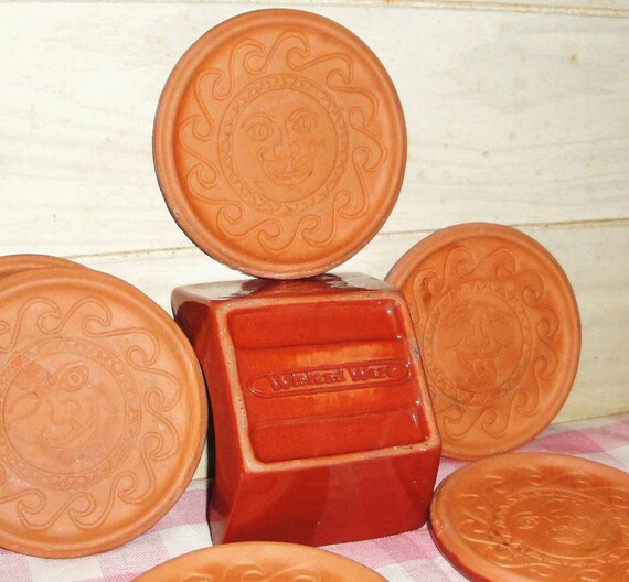 Unique Terracotta Coaster Set Vintage Sun Home Decor