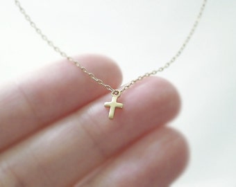 Tiny gold cross necklace - 14k gold filled chain - simple dainty jewelry illusy