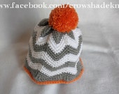 Crochet Grey and White Chevron Hat with Orange Accents