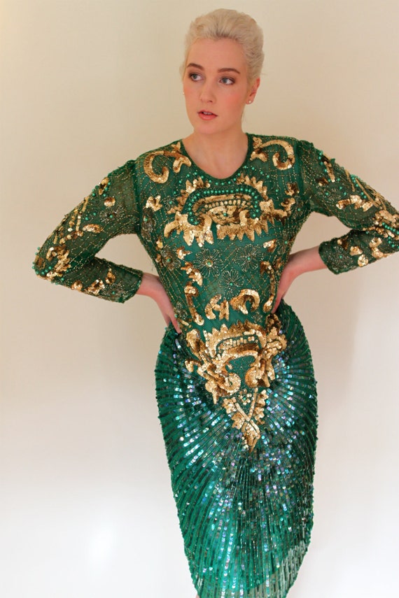 vintage 80s green sequined gown