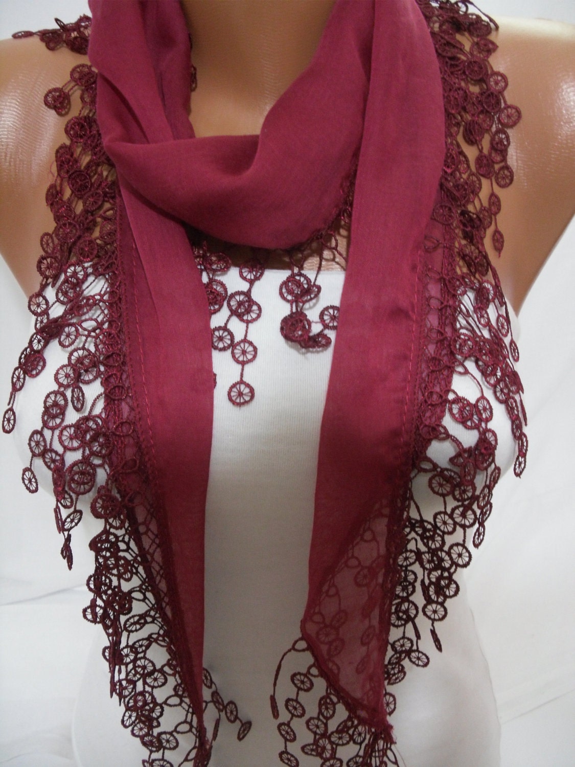 Women Burgundy Cotton Scarf Headband Cowl with Lace Edge