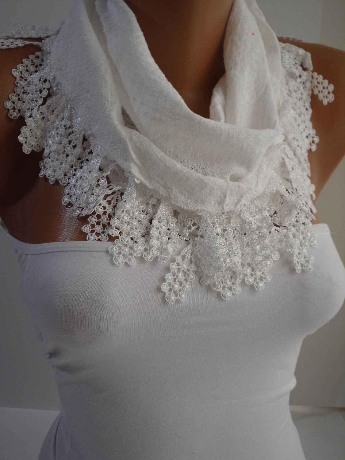 White Cotton Shawl/Scarf lace edge