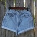 Vintage 1980s CHIC jeans high waisted shorts / cut offs / frayed hem / blue denim / 28" waist / Made in USA
